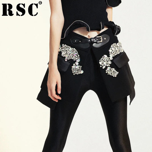 RSC Women Black Bead Patchwork PU Design Skirt Mini Length High Street Style Wild Slim Fashion Tide Autumn Summer 2022 RS0106